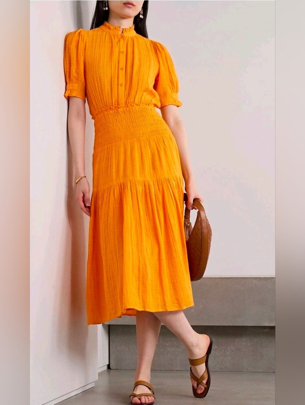 Apiece Apart Las Alturas Sunburst Yellow Smocked-Waist Midi Dress